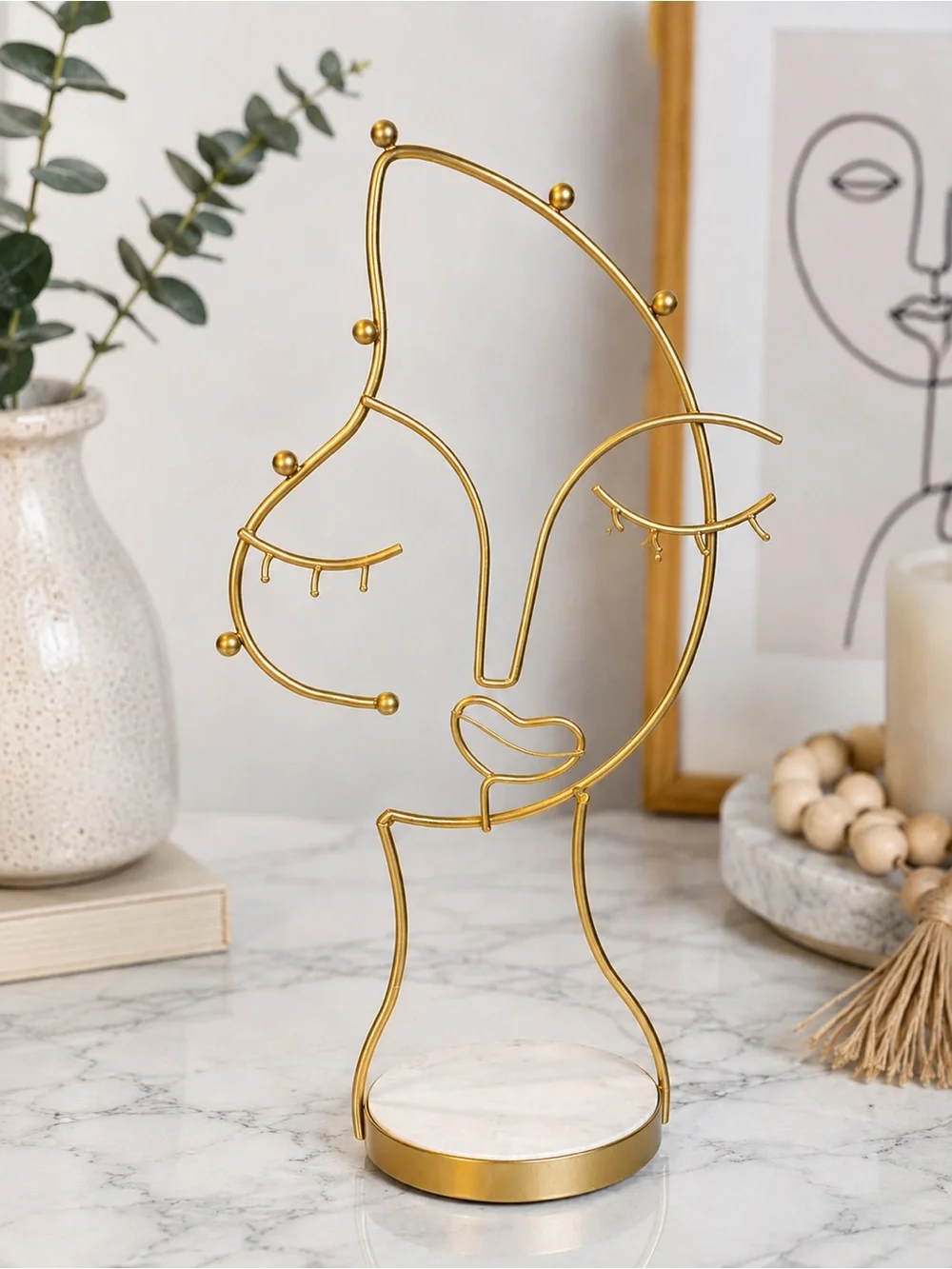 Abstract Gold Wire Jewelry Holder with Marble Base